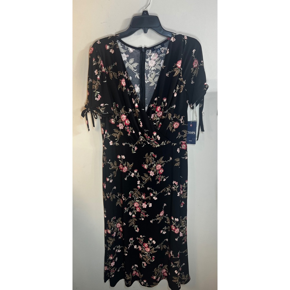 Chaps Floral Wrap V-Neck Midi Dress Black Pink Short Sleeve Tie Detail Size L